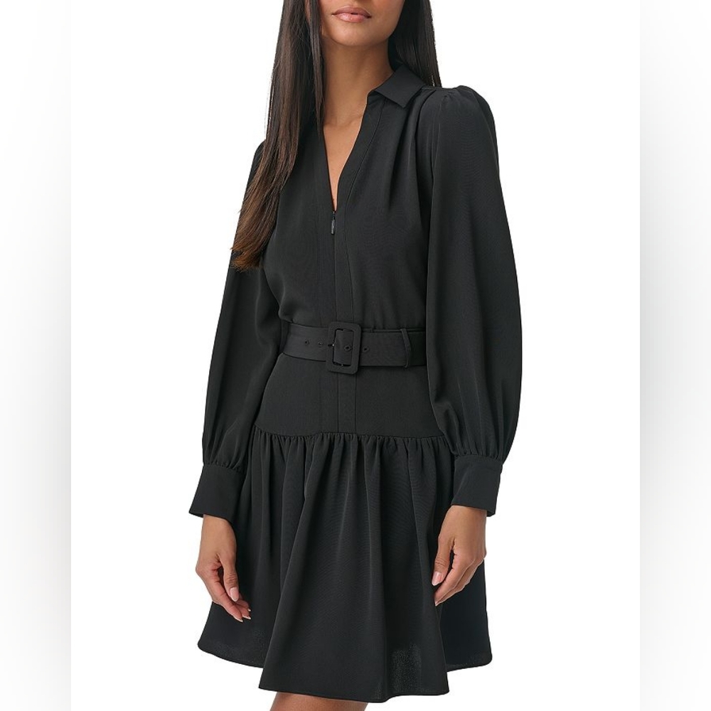 NWT Karl Lagerfeld Black Belted Waist Long Sleeve Dress